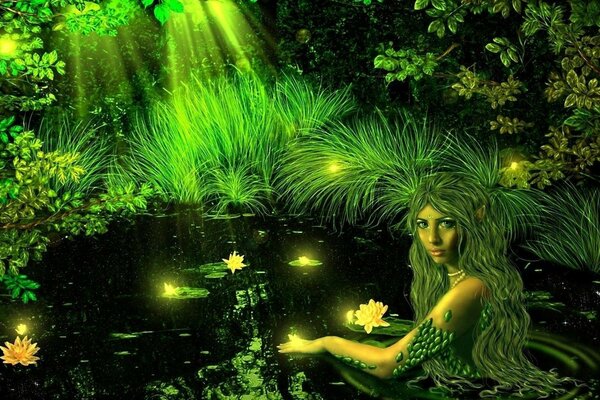 Eine Hexe badet im Gartensee