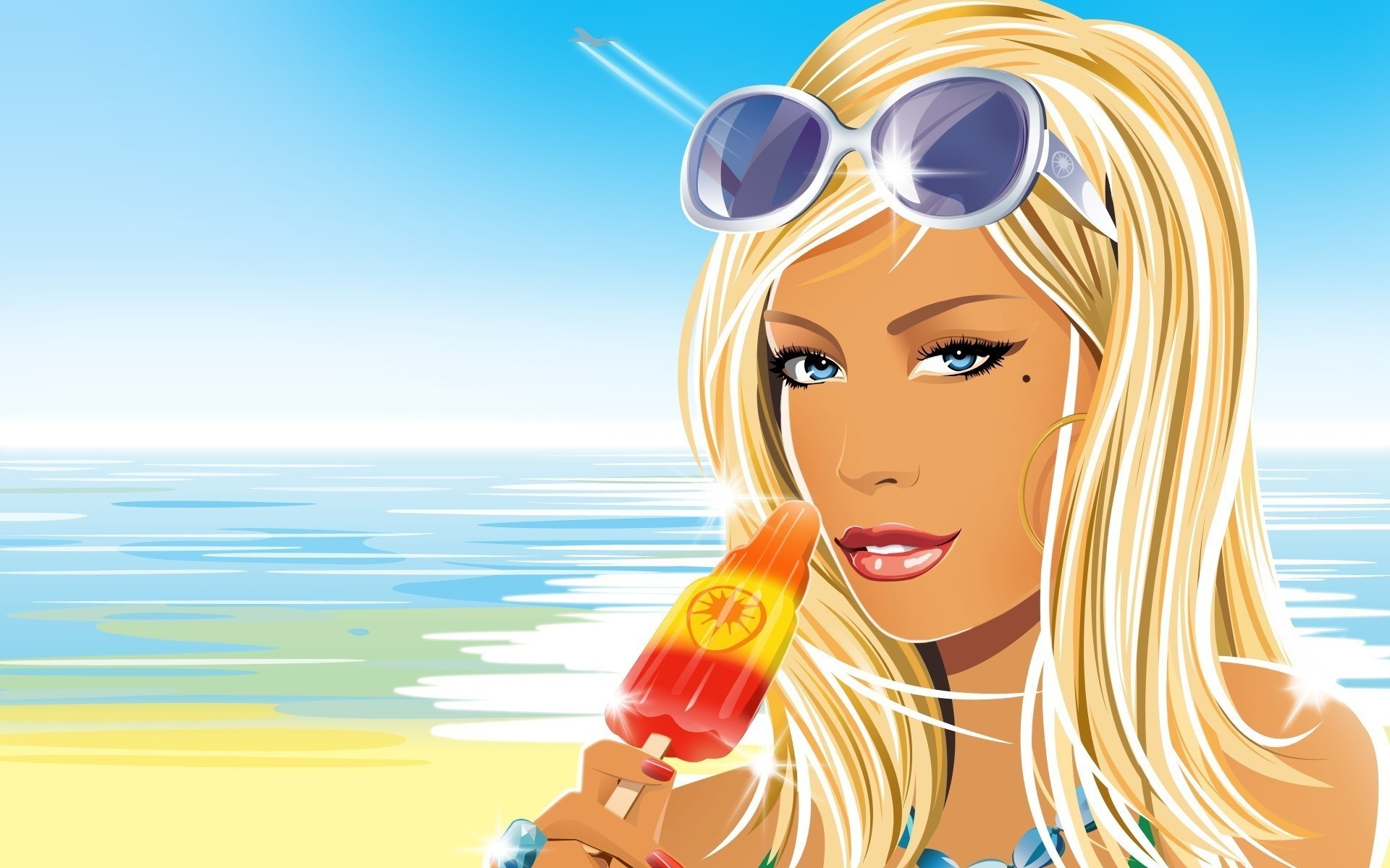 cartoons sommer frau wasser himmel jung natur reisen vergnügen meer im freien strand urlaub mädchen eis augen