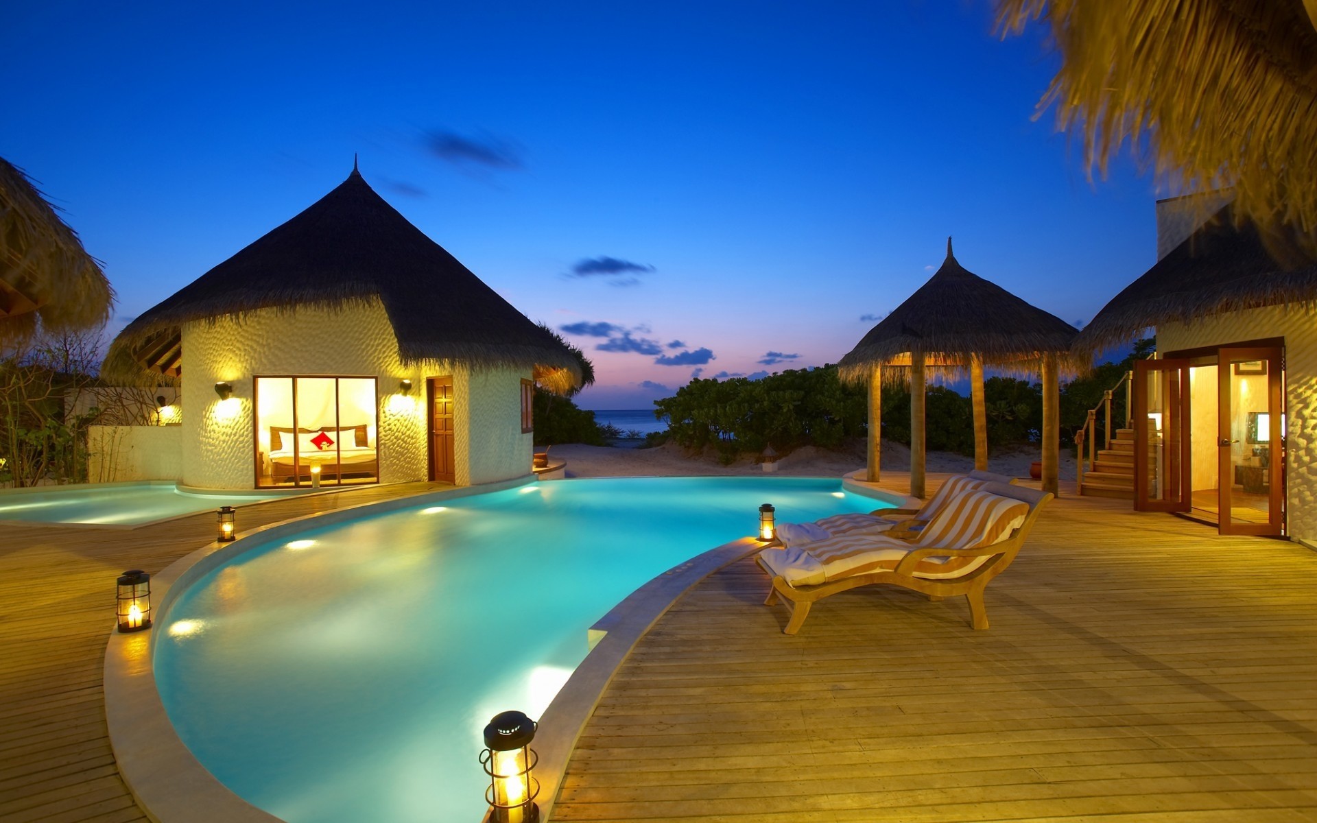hotel strand reisen wasser resort pool luxus ozean sonne bungalow villa meer exotisch tropisch schwimmen schwimmbad urlaub sommer sonnenuntergang licht malediven