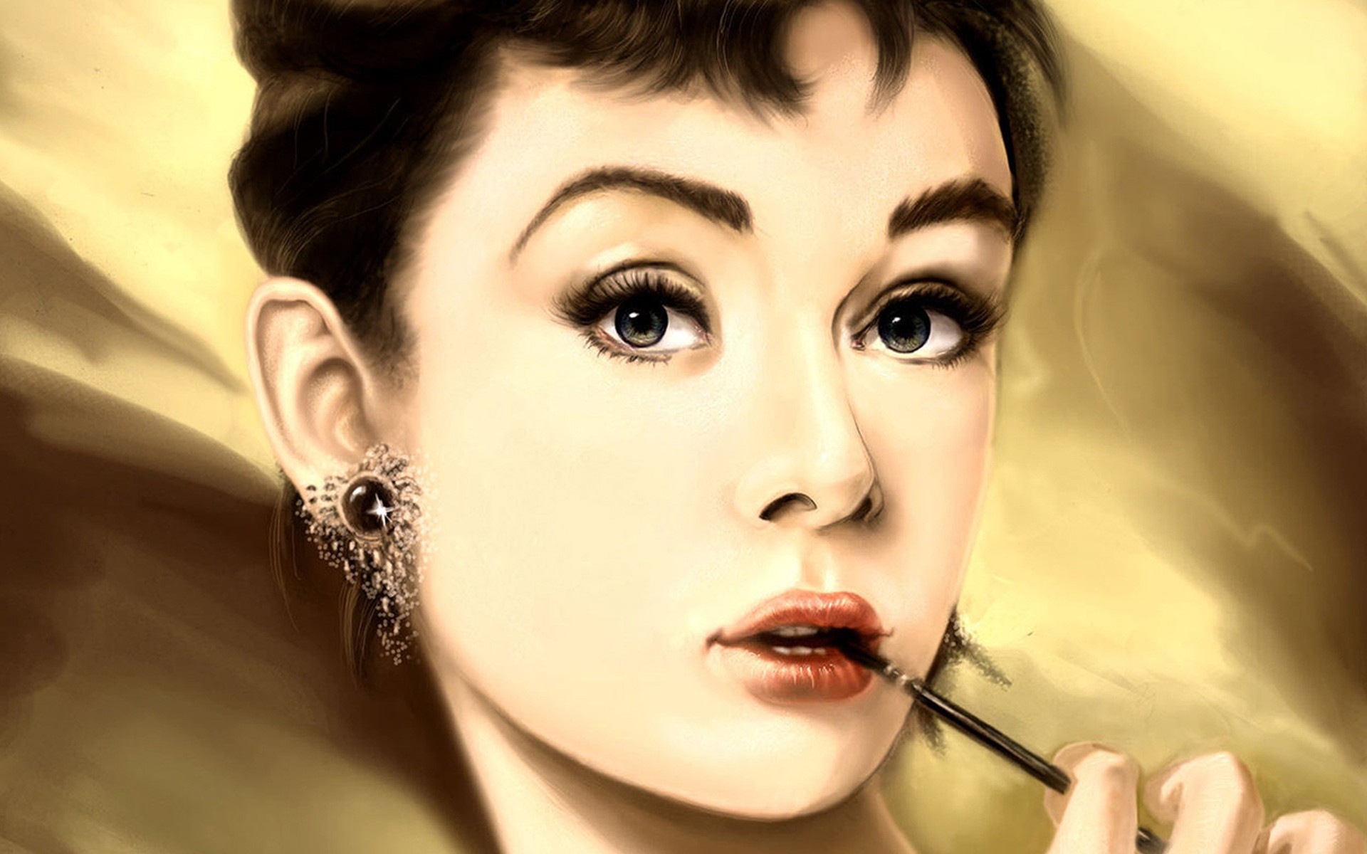frau mode glamour porträt lippen sexy mädchen auge hübsch brünette modell gesicht elegant ein erwachsener lippenstift drinnen audrey hepburn malerei schauspielerin