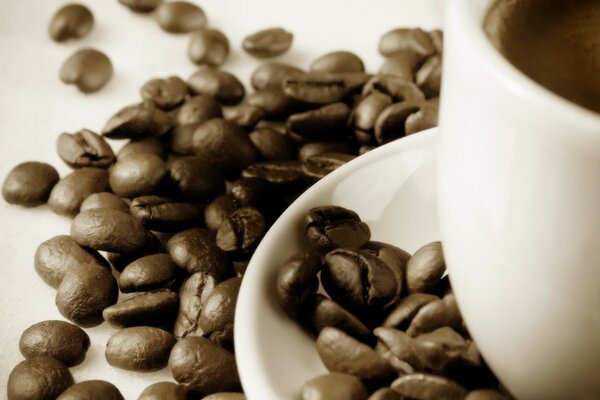 Kaffeebohnen auf dem Tisch verstreut