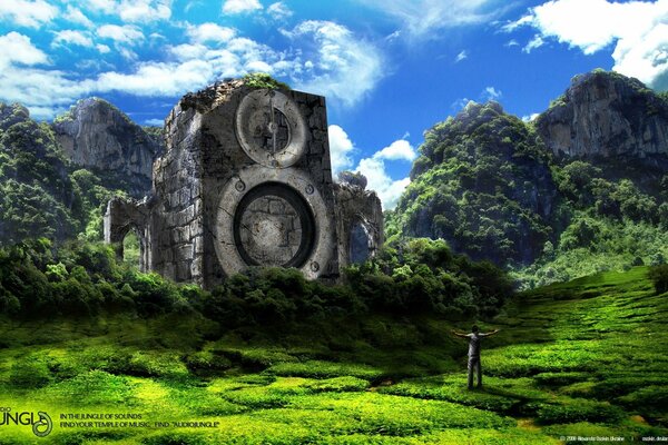 Kreative Landschaft. Ein Berg in Form einer riesigen Musikspalte