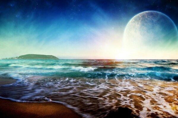 Flut am Meer mit hellem Himmelshintergrund mit unbekanntem Planeten