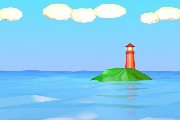 Ein handgezeichneter Leuchtturm auf einer einsamen Insel im Meer