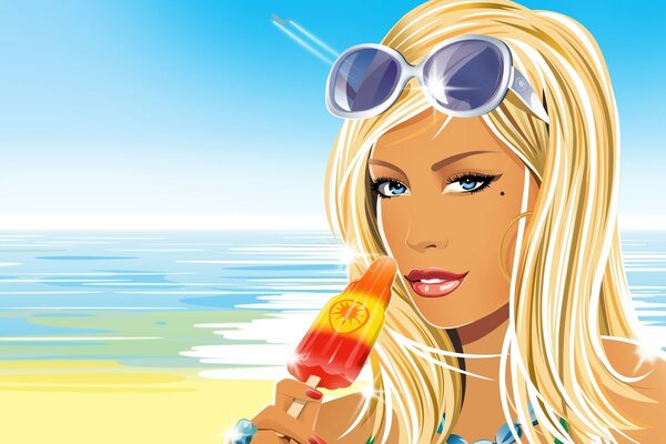 Mädchen isst Eis auf dem Hintergrund des Meeres