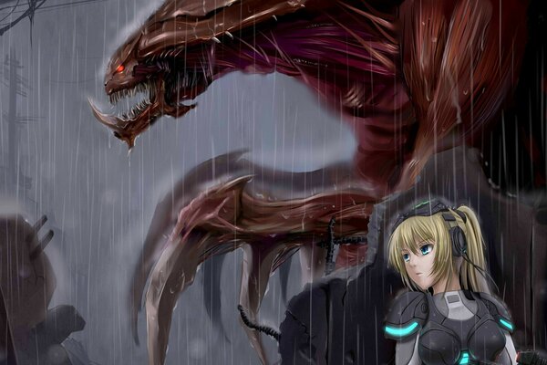 Das Mädchen versteckt sich vor einem schrecklichen Monster