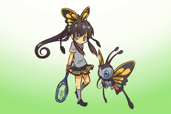 Mädchen spielt Tennis mit einem Schmetterling