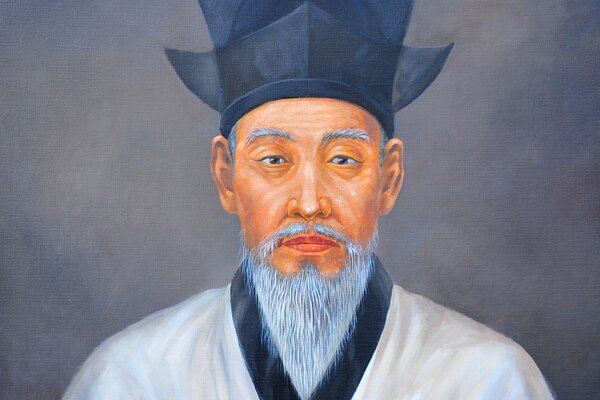 Abbildung Porträt eines alten älteren Mannes asiatischen Aussehens im traditionellen Anzug auf grauem Hintergrund