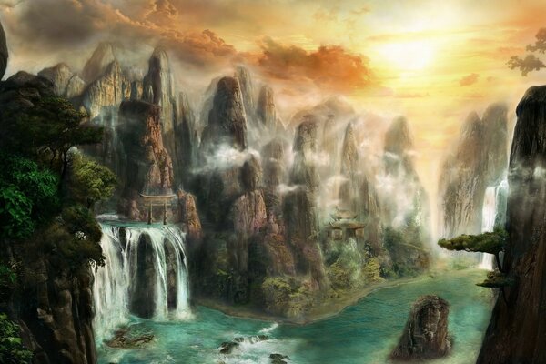 Natur des Dschungels mit Wasserfällen und dichtem Grün
