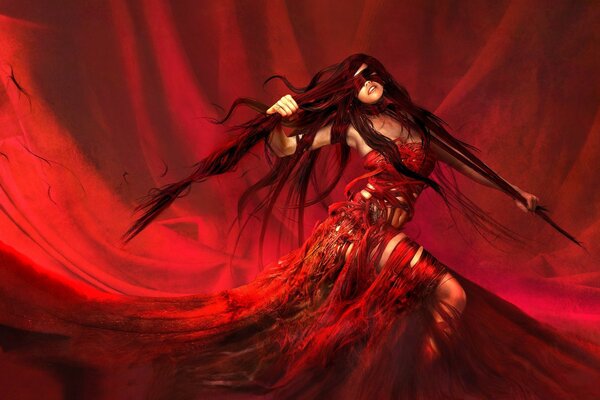 Mädchen im roten Kleid mit langen Haaren