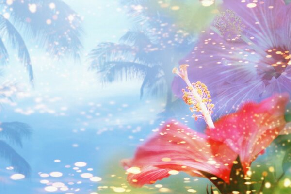 Helles Sommer-College mit Palmen und tropischen Blumen
