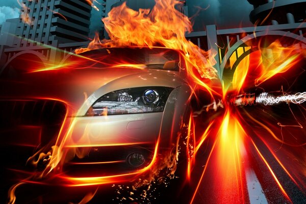 Feuer umhüllt schönes Auto