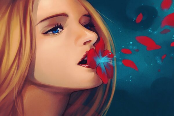 Zeichnung eines Mädchens Lippen hält eine rote Blume auf dunkelblauem Hintergrund