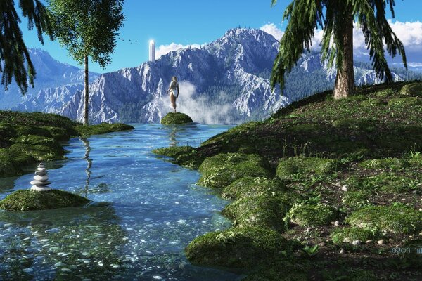 Himmel, Berge, Wasserfall, Bäume