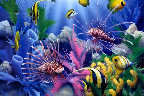 Helle Fische, die in Korallen schwimmen