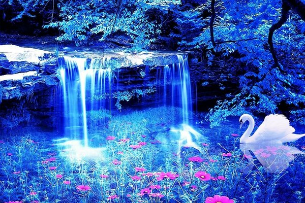 Die Bewegung des Wassers und der Schwan ruht unter diesem Neon-Plätschern und Licht
