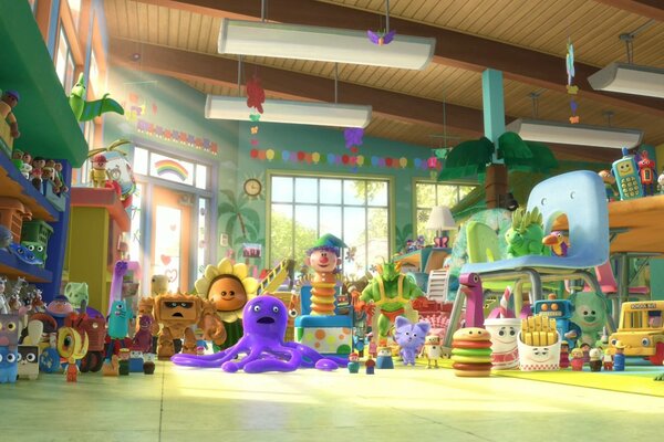 Bild aus dem Cartoon toy story 3 mit verschiedenen Spielzeugen im Raum