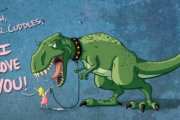 Ein Dinosaurier und ein Mädchen sind an einem Ort auf einer Postkarte befreundet