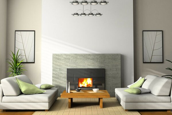 Innenarchitektur mit Sofa und Kamin