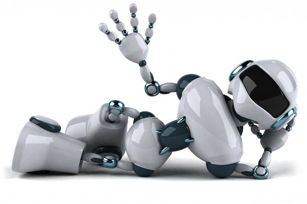 Ein fröhlicher Roboter liegt auf dem Boden