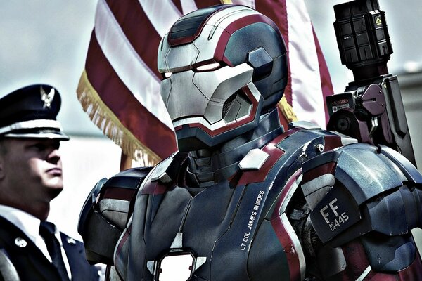 Iron Man auf militärischem Hintergrund