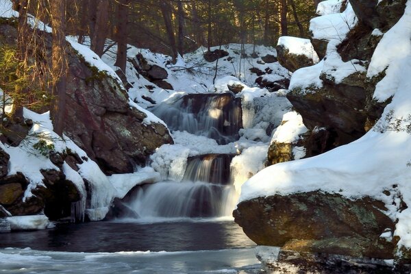 Schöner Wasserfall im Winterwald