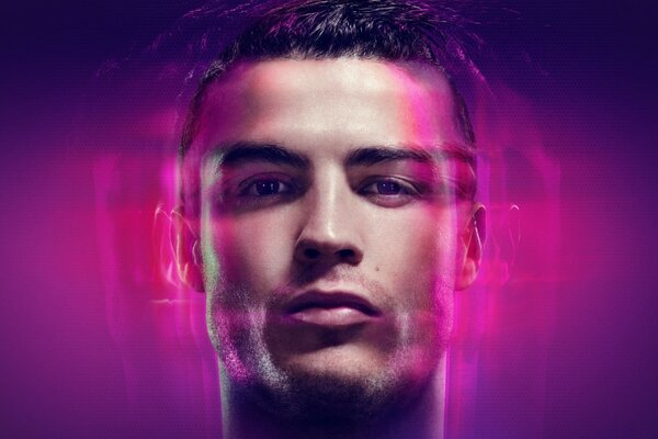 Cristiano Ronaldos Gesicht auf lila Hintergrund